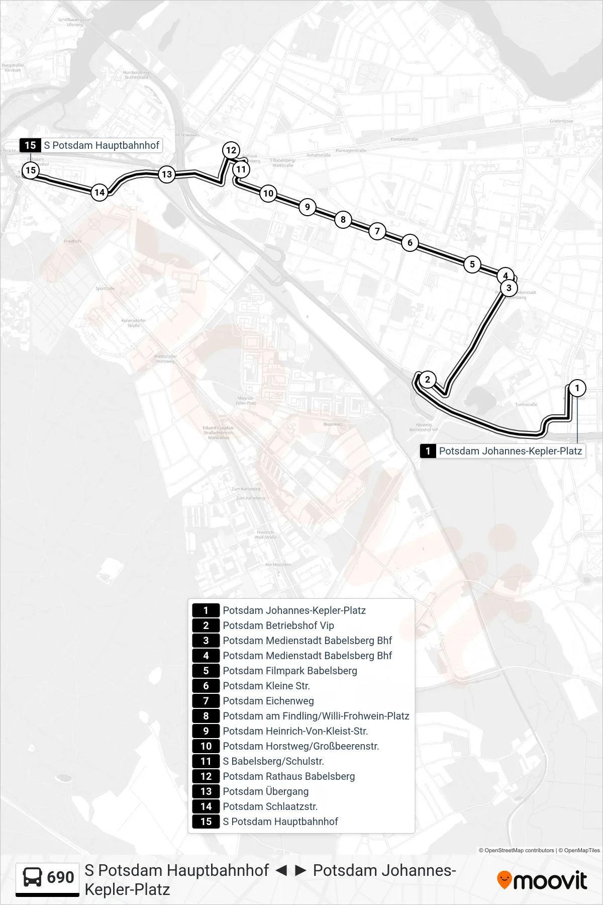 Linie 690 (Bus) Richtung S Potsdam Hauptbahnhof: Route und Haltestellen auf der Karte