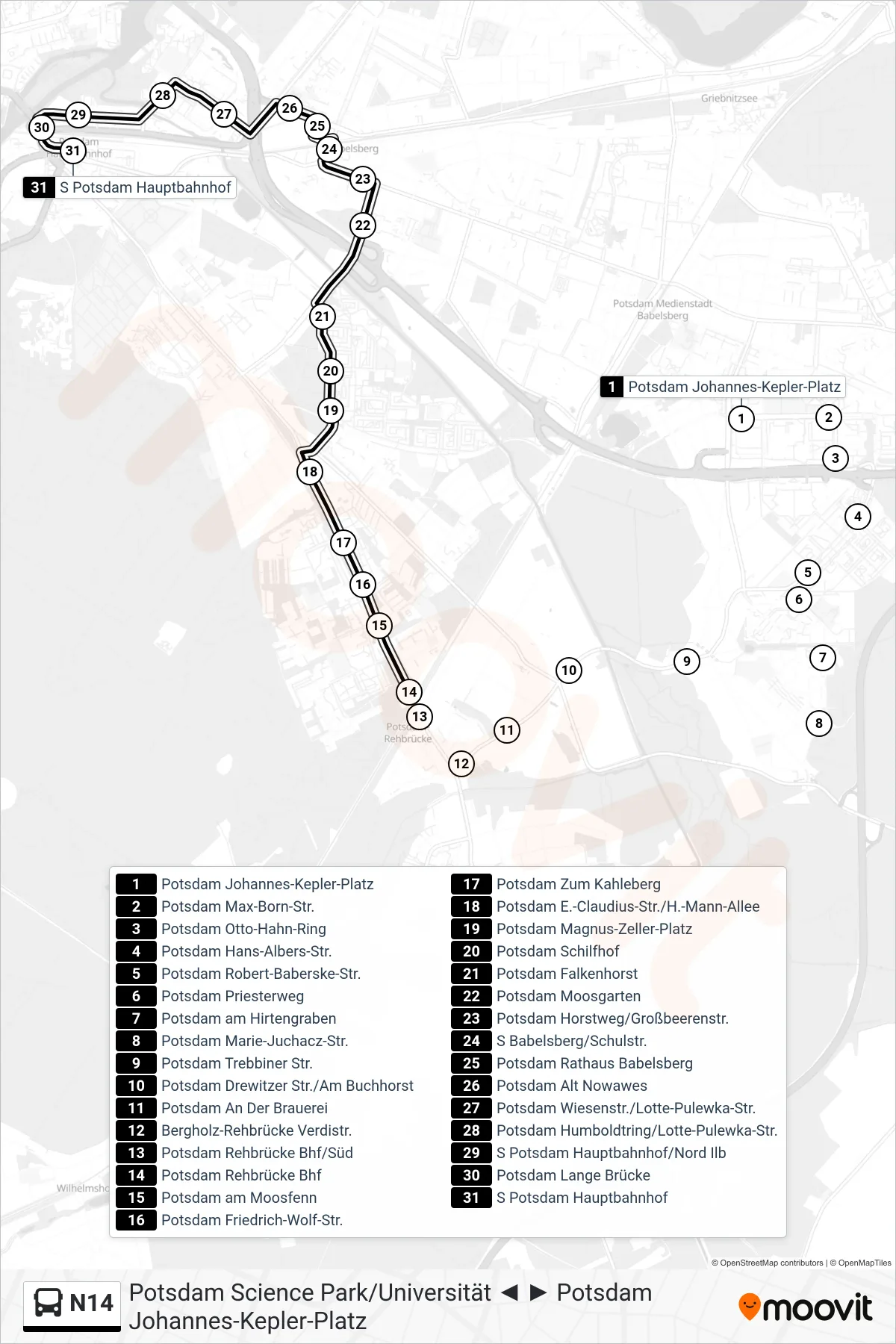 Linie N14 (Bus) Richtung S Potsdam Hauptbahnhof: Route und Haltestellen auf der Karte