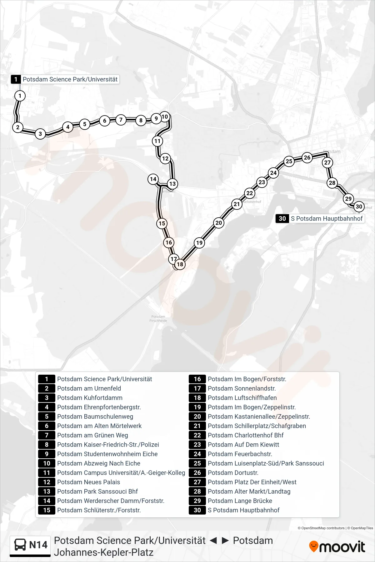 Linie N14 (Bus) Richtung S Potsdam Hauptbahnhof: Route und Haltestellen auf der Karte