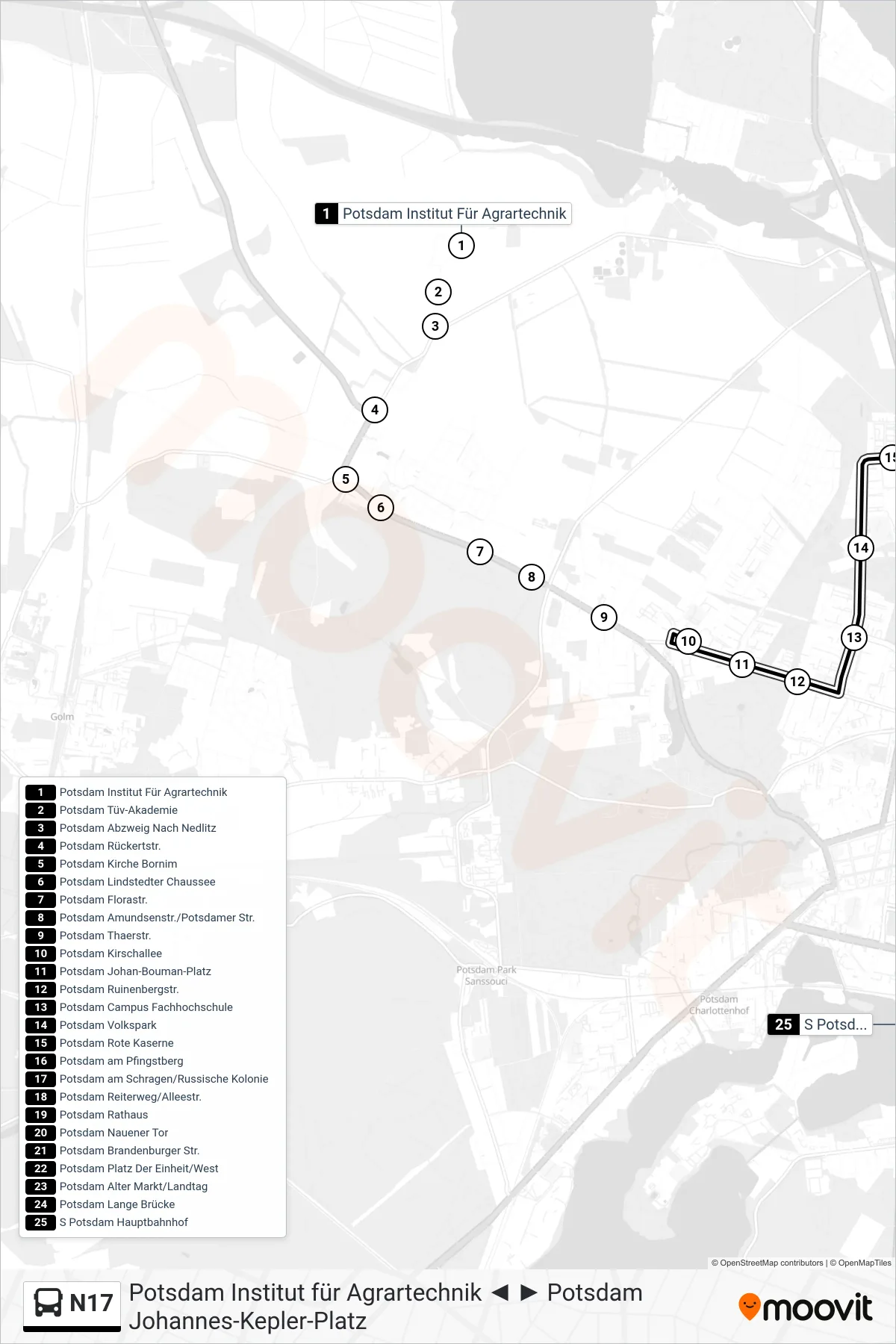 Linie N17 (Bus) Richtung S Potsdam Hauptbahnhof: Route und Haltestellen auf der Karte