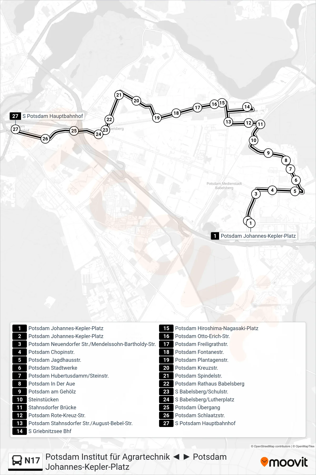 Linie N17 (Bus) Richtung S Potsdam Hauptbahnhof: Route und Haltestellen auf der Karte