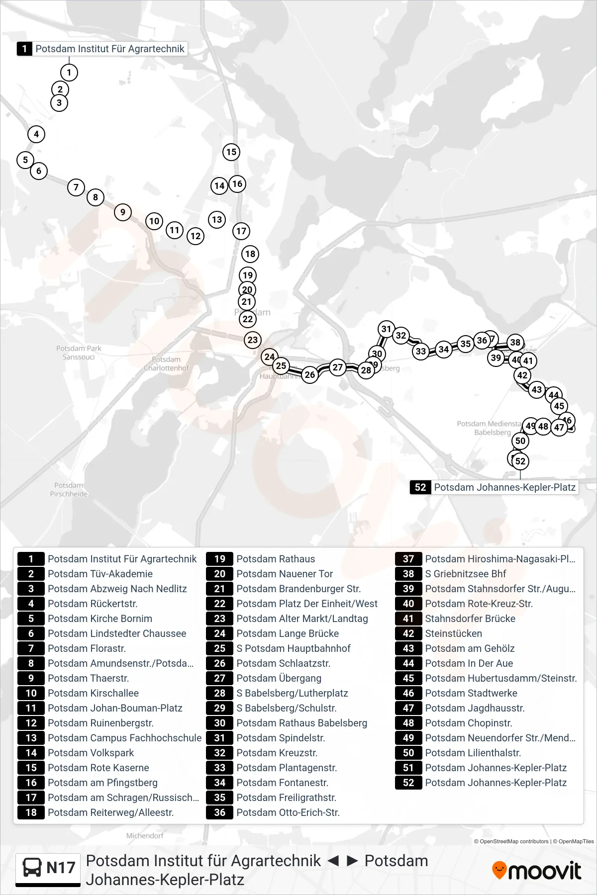 Linie N17 (Bus) Richtung Potsdam Johannes-Kepler-Platz: Route und Haltestellen auf der Karte