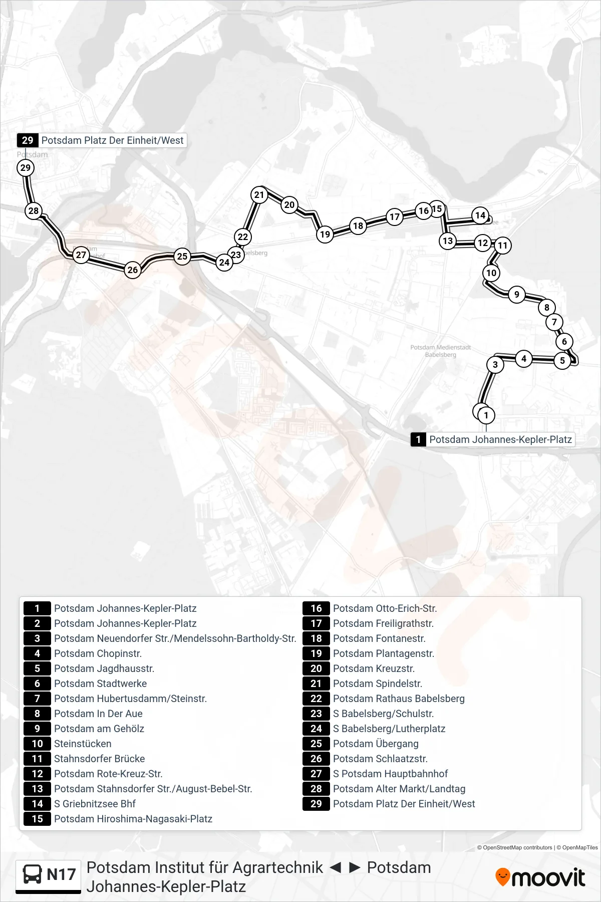 Linie N17 (Bus) Richtung Potsdam Platz Der Einheit/West: Route und Haltestellen auf der Karte