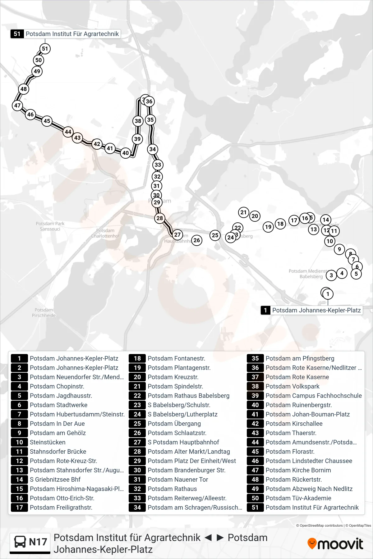 Linie N17 (Bus) Richtung Potsdam Institut Für Agrartechnik: Route und Haltestellen auf der Karte