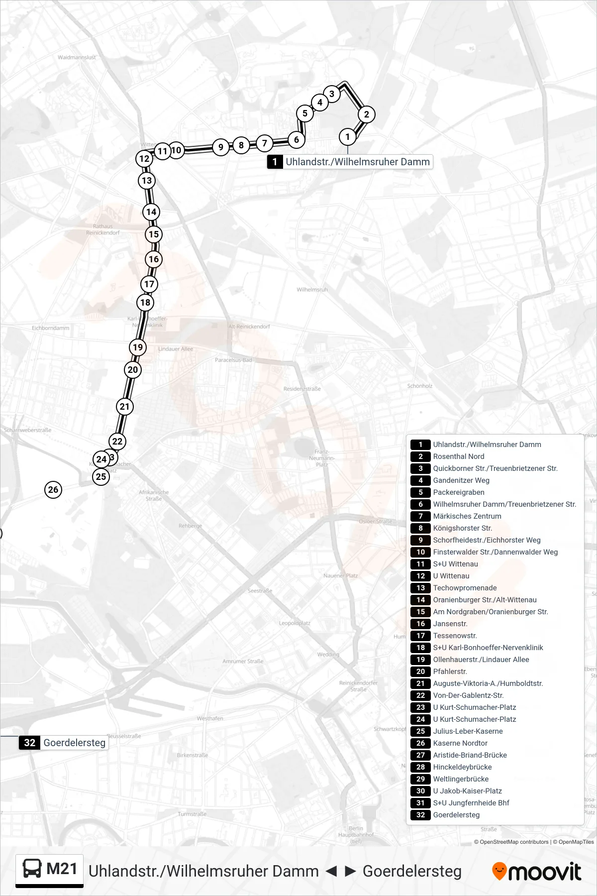 Linie M21 (Bus) Richtung S+U Jungfernheide: Route und Haltestellen auf der Karte
