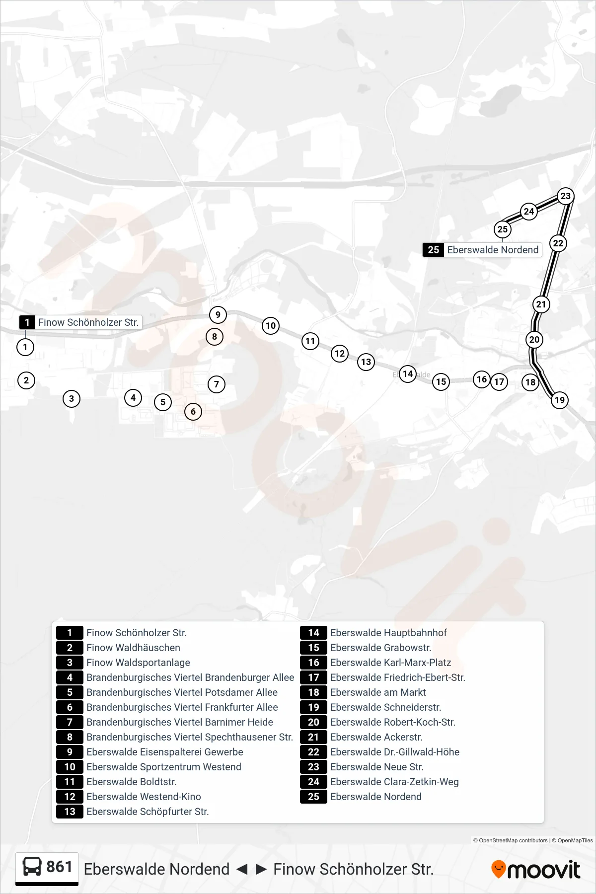 861 bus Line (Eberswalde Nordend) route and stops on a map