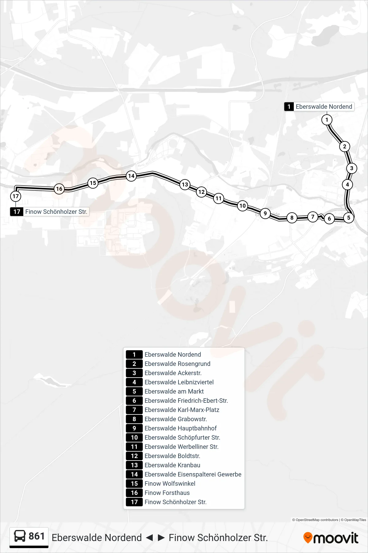 Linie 861 (Bus) Richtung Finow Schönholzer Str.: Route und Haltestellen auf der Karte
