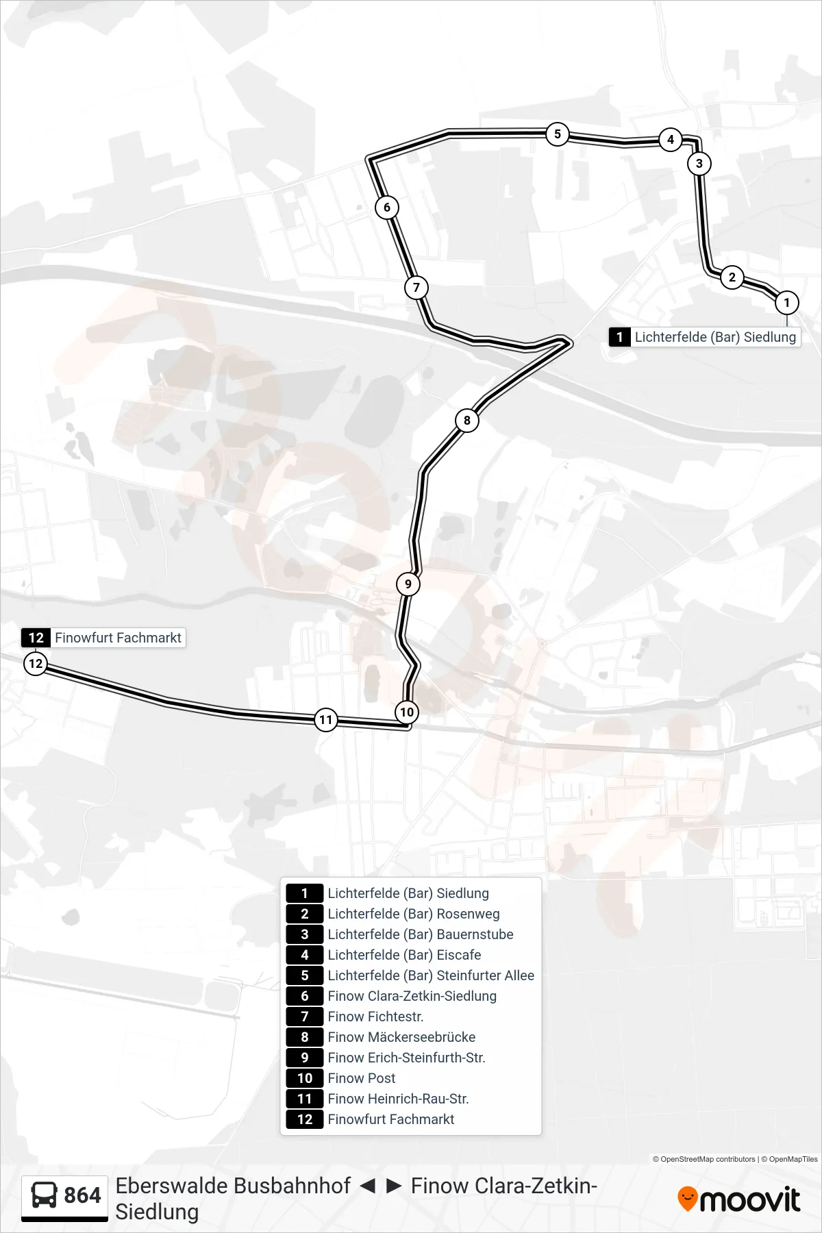Linie 864 (Bus) Richtung Finowfurt Fachmarkt: Route und Haltestellen auf der Karte