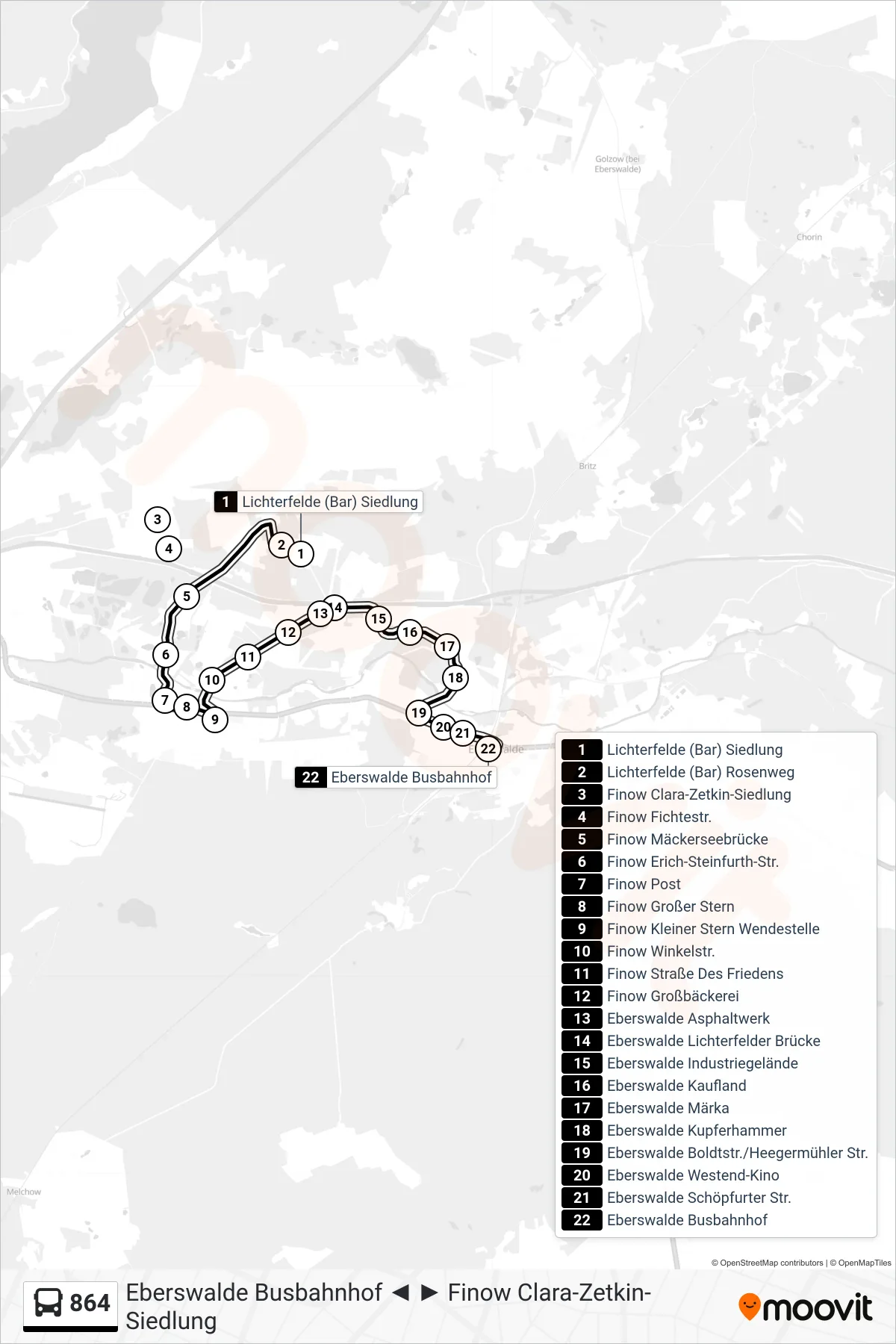 864 bus Line (Eberswalde Busbahnhof) route and stops on a map