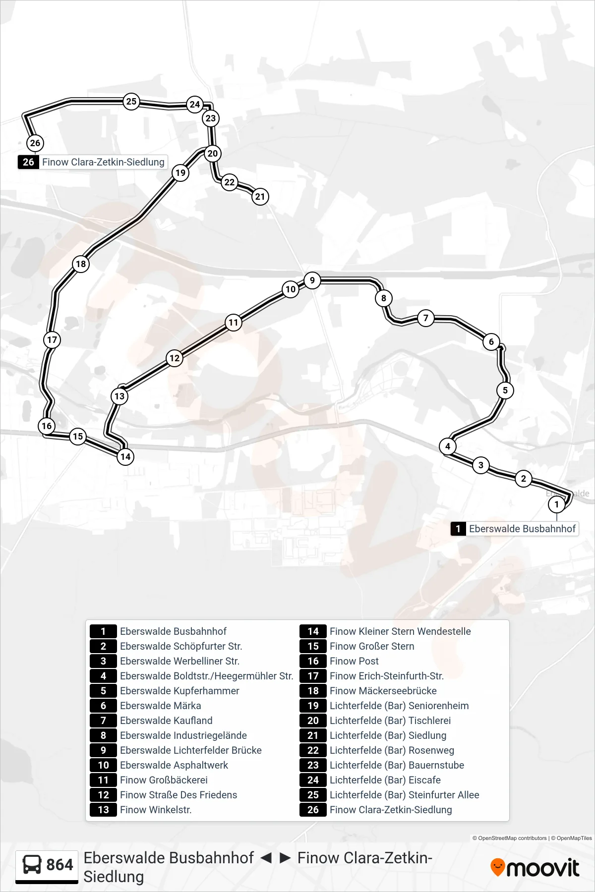864 bus Line (Finow Clara-Zetkin-Siedlung) route and stops on a map