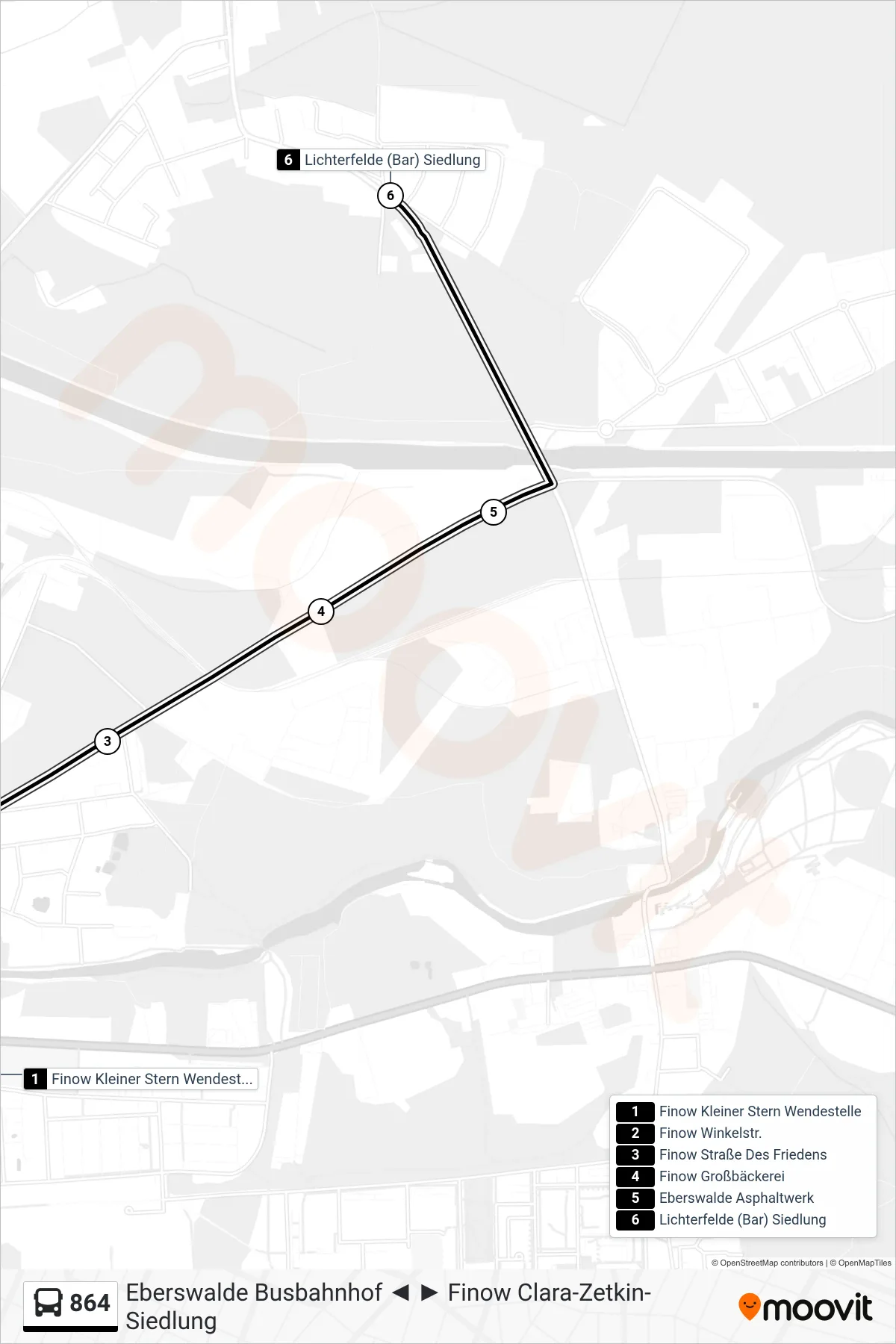 864 bus Line (Lichterfelde (Bar) Siedlung) route and stops on a map