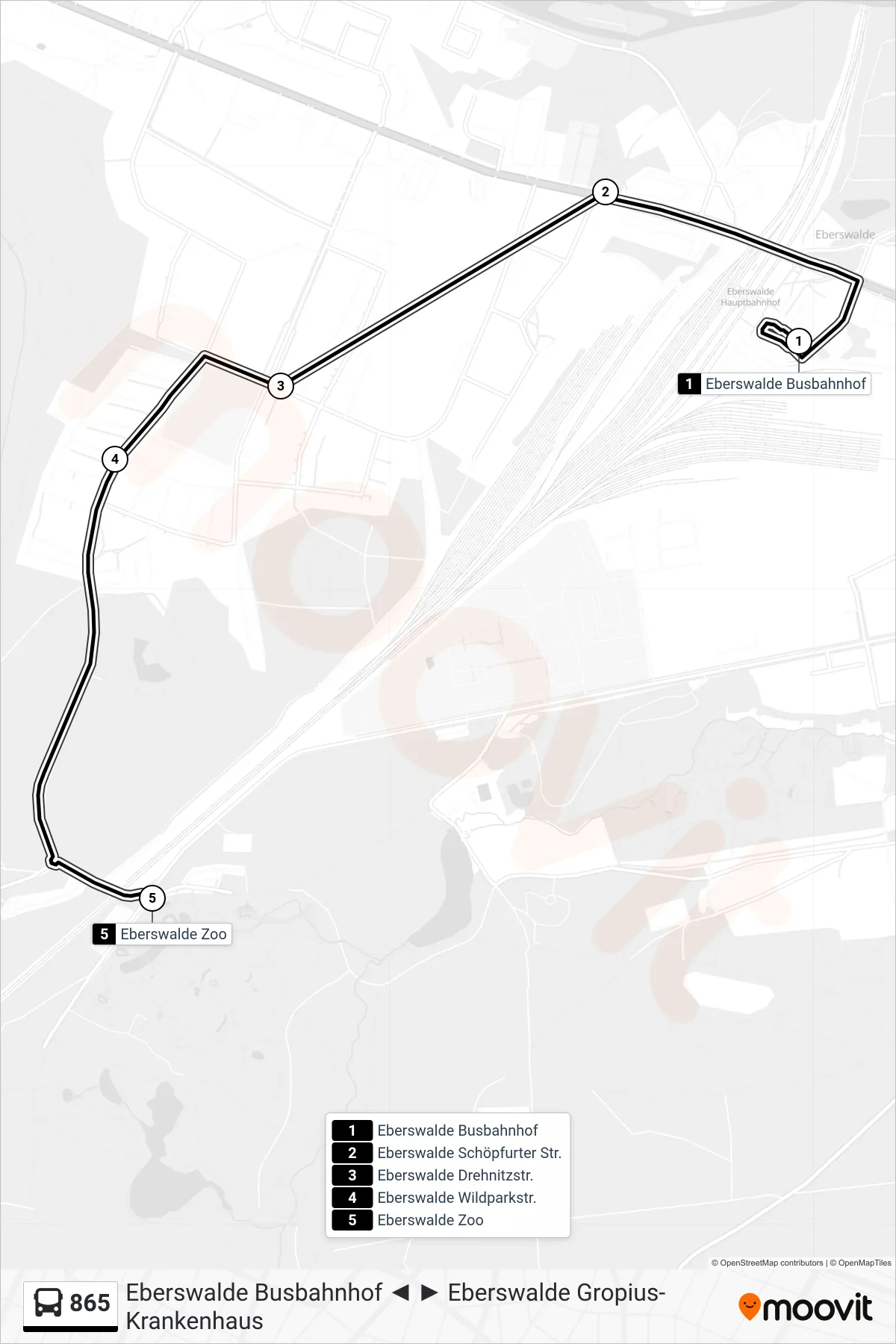 Linie 865 (Bus) Richtung Eberswalde Zoo: Route und Haltestellen auf der Karte