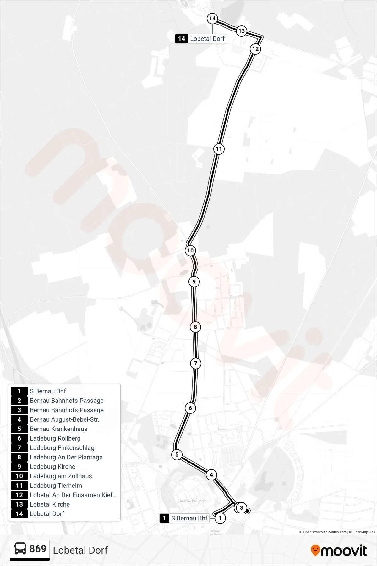 869 bus Line (Lobetal Dorf) route and stops on a map