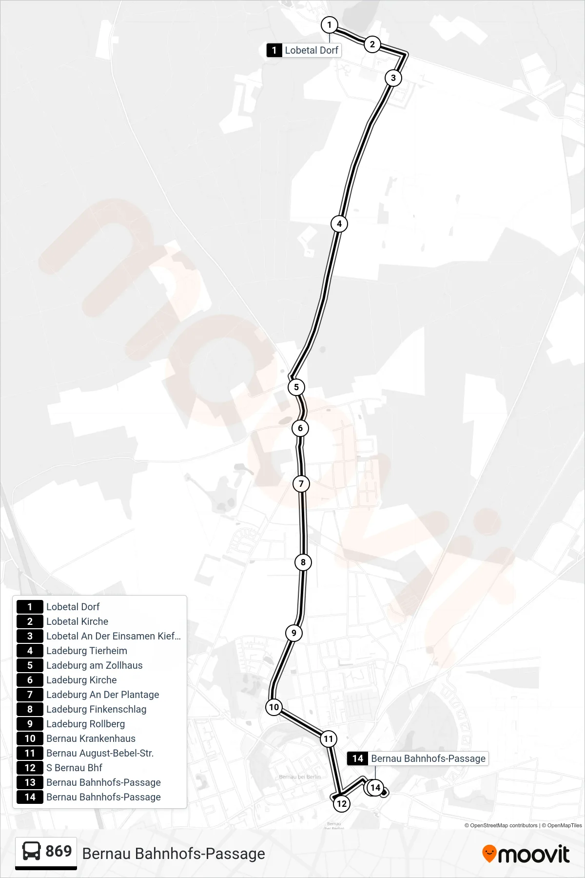 Linie 869 (Bus) Richtung Bernau Bahnhofs-Passage: Route und Haltestellen auf der Karte