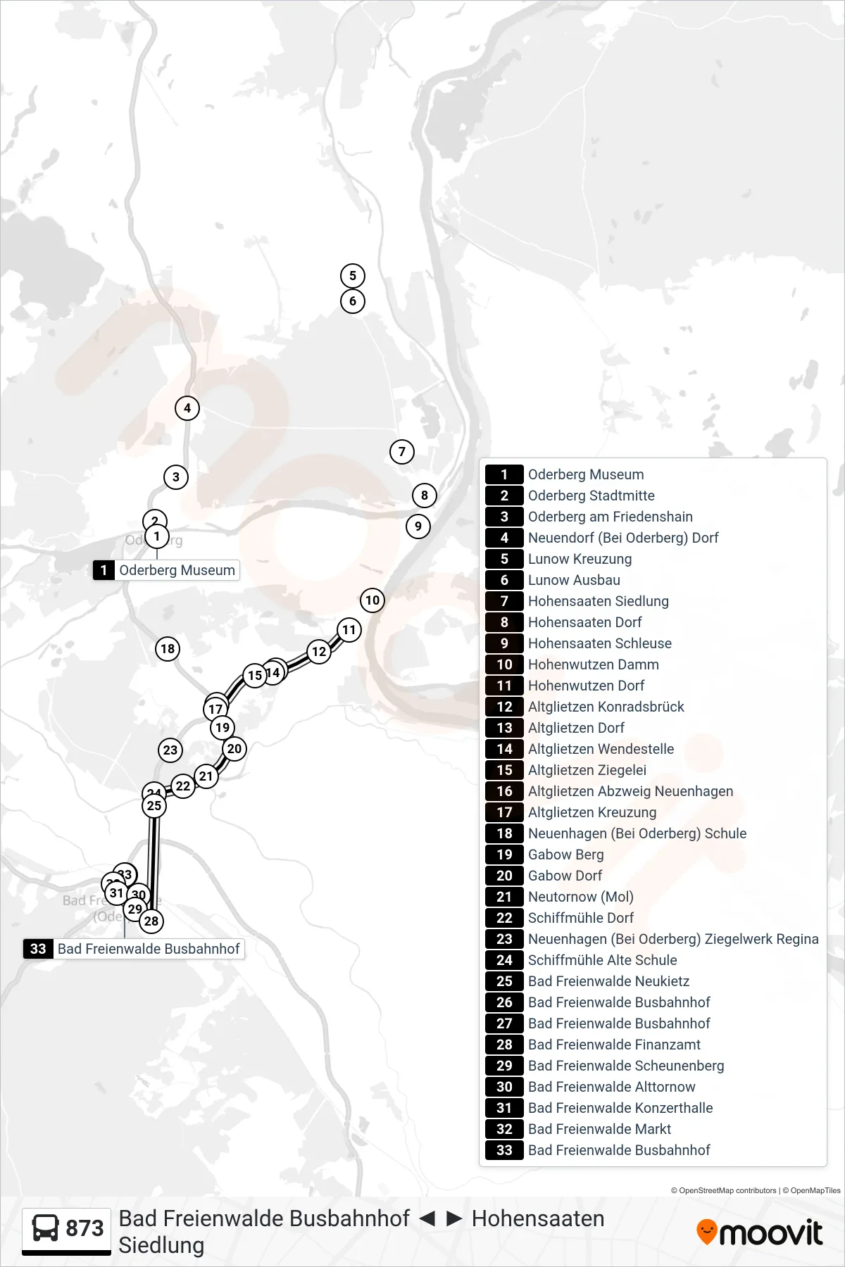 Linie 873 (Bus) Richtung Bad Freienwalde Busbahnhof: Route und Haltestellen auf der Karte
