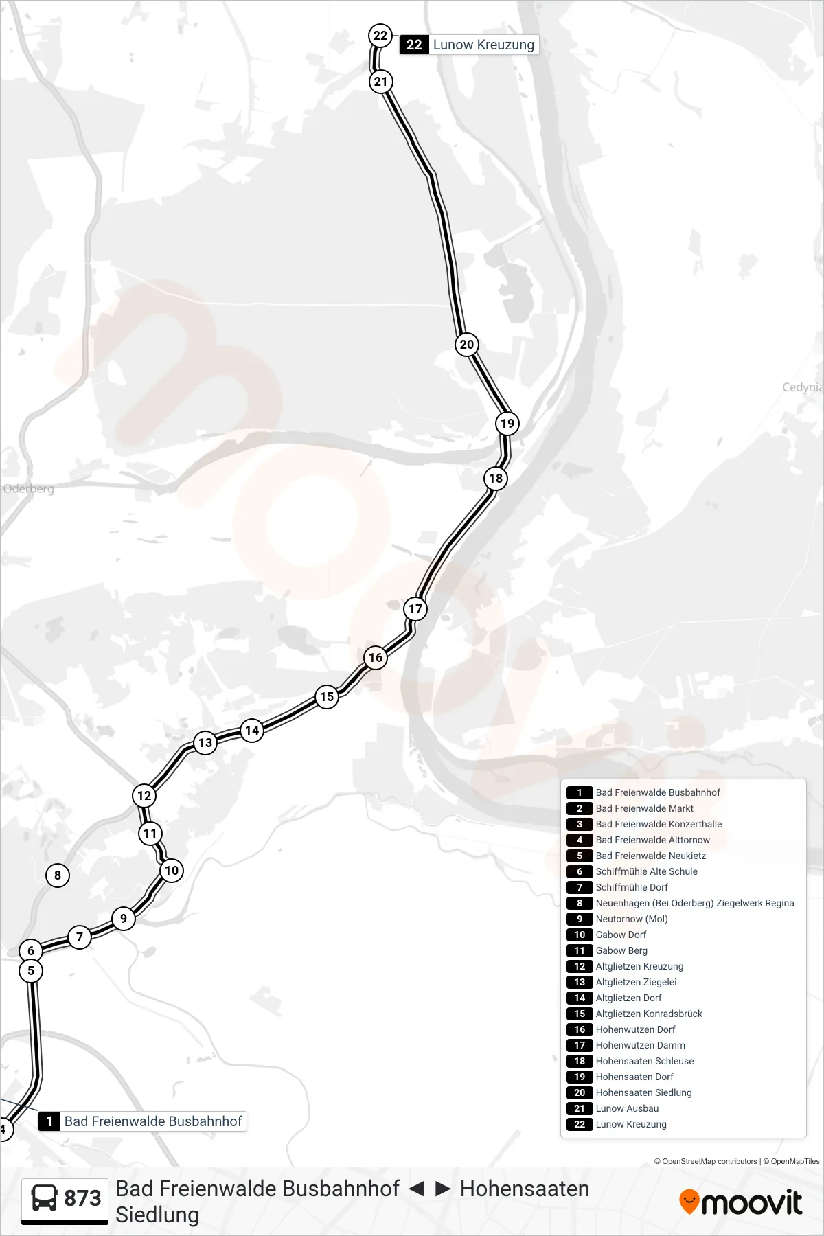 873 bus Line (Lunow Kreuzung) route and stops on a map