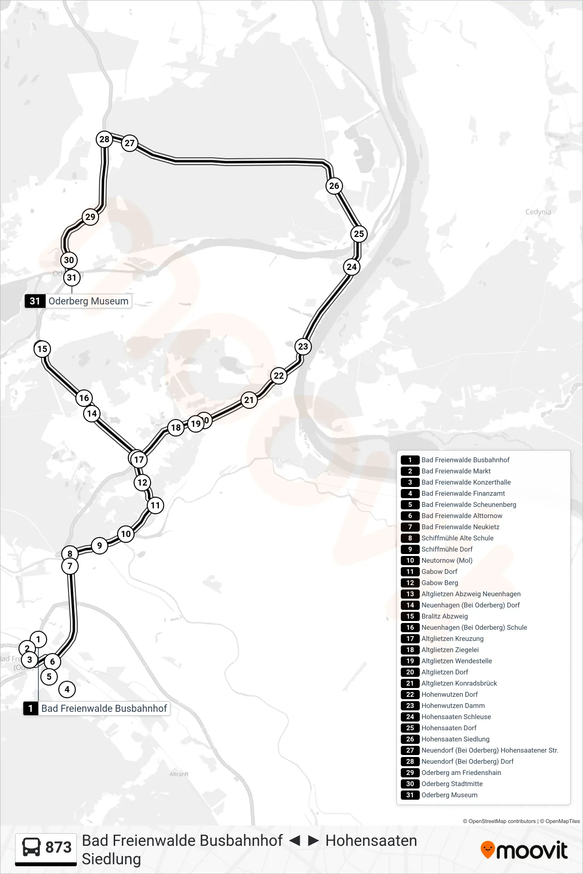 Linie 873 (Bus) Richtung Oderberg Museum: Route und Haltestellen auf der Karte