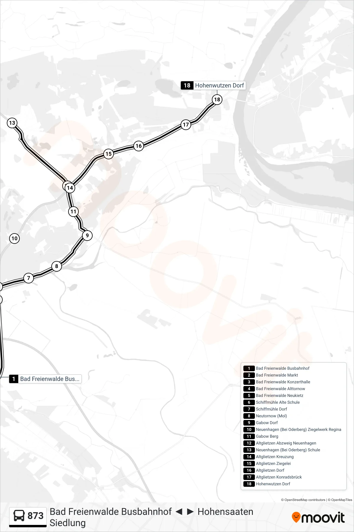 873 bus Line (Hohenwutzen Dorf) route and stops on a map