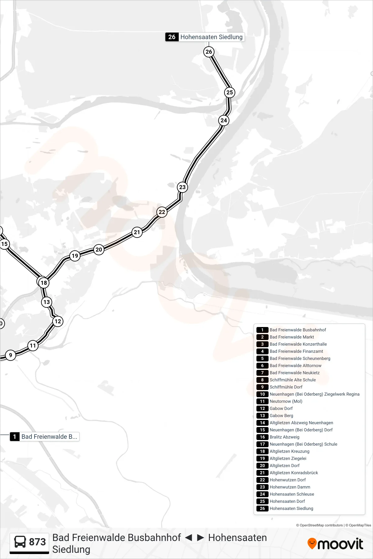 Linie 873 (Bus) Richtung Hohensaaten Siedlung: Route und Haltestellen auf der Karte