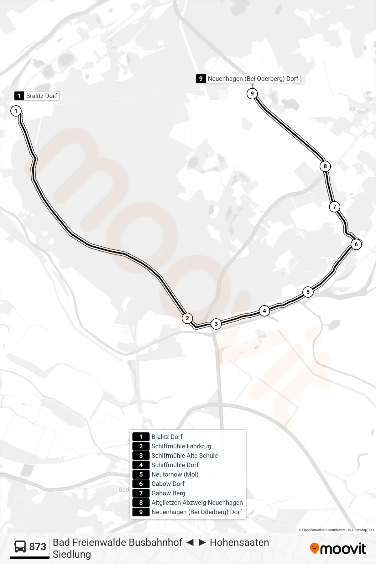 873 bus Line (Neuenhagen (Bei Oderberg) Dorf) route and stops on a map
