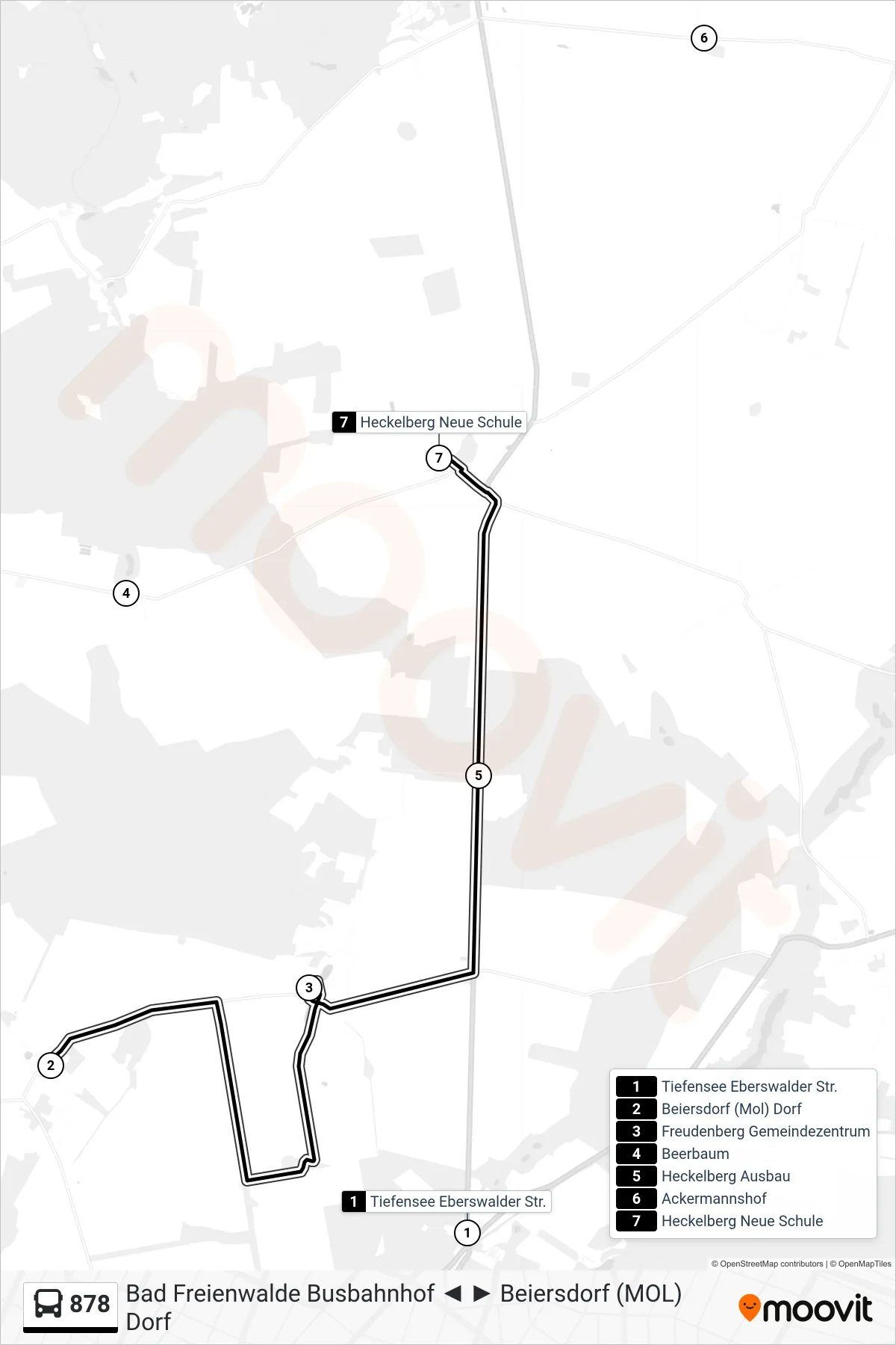 878 bus Line (Heckelberg Neue Schule) route and stops on a map