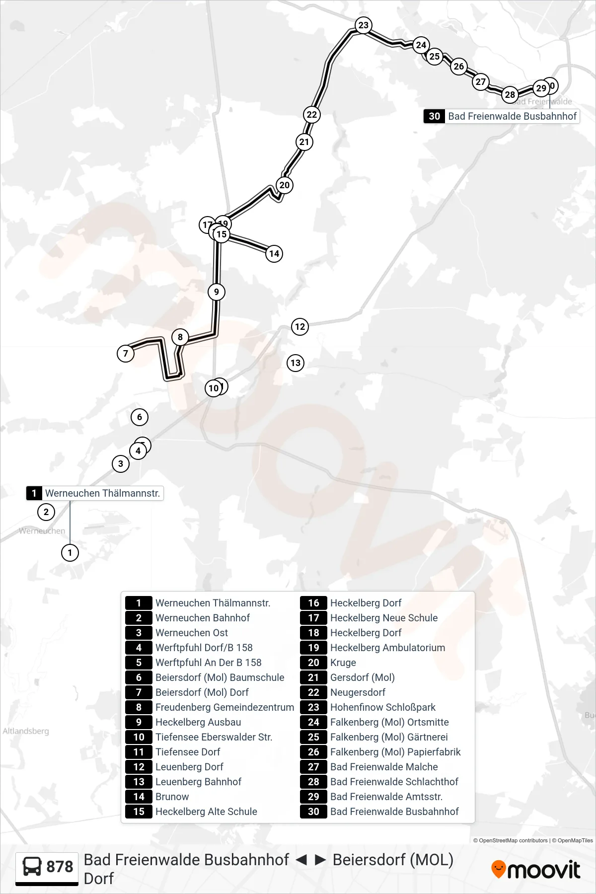 878 bus Line (Bad Freienwalde Busbahnhof) route and stops on a map