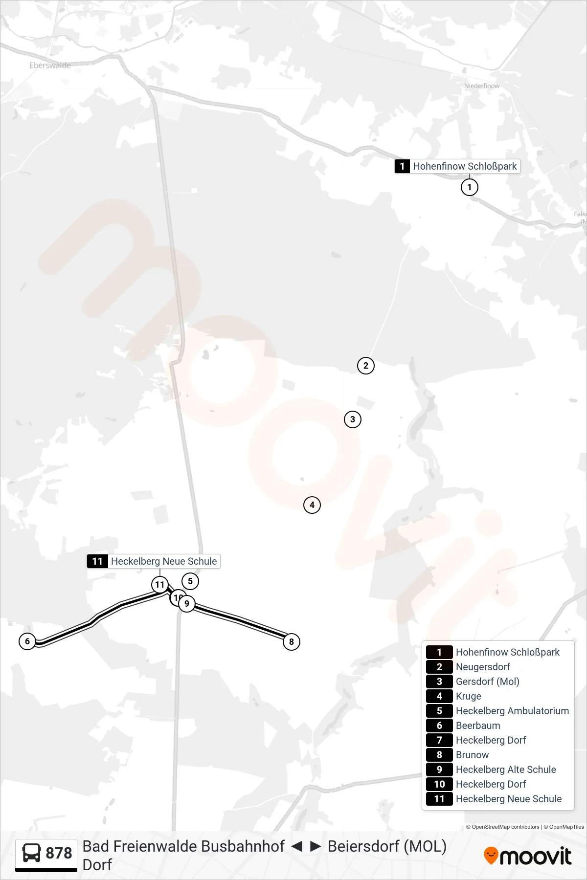 878 bus Line (Heckelberg Neue Schule) route and stops on a map