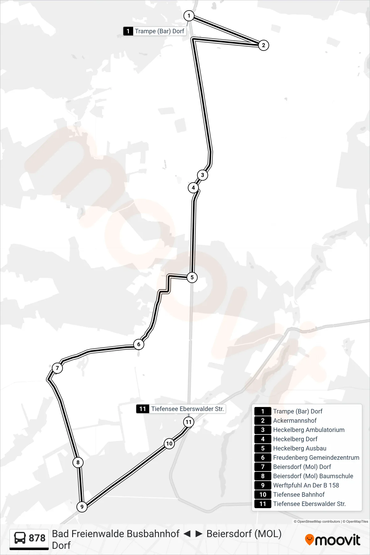 Linie 878 (Bus) Richtung Tiefensee Eberswalder Str.: Route und Haltestellen auf der Karte