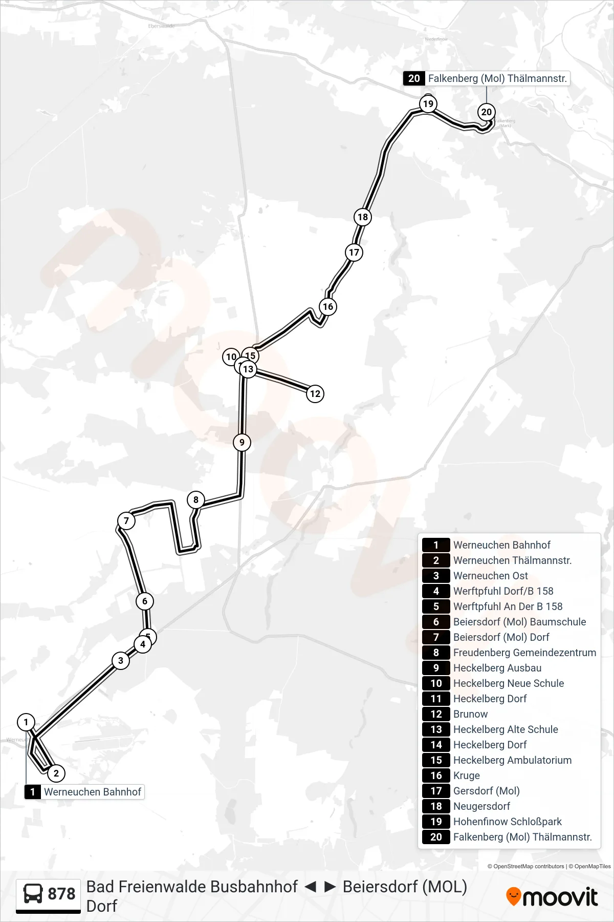878 bus Line (Falkenberg (Mol) Thälmannstr.) route and stops on a map