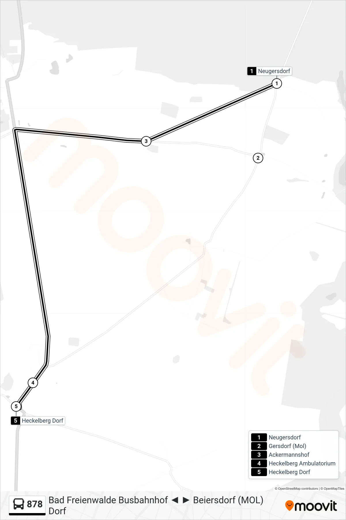 878 bus Line (Heckelberg Dorf) route and stops on a map