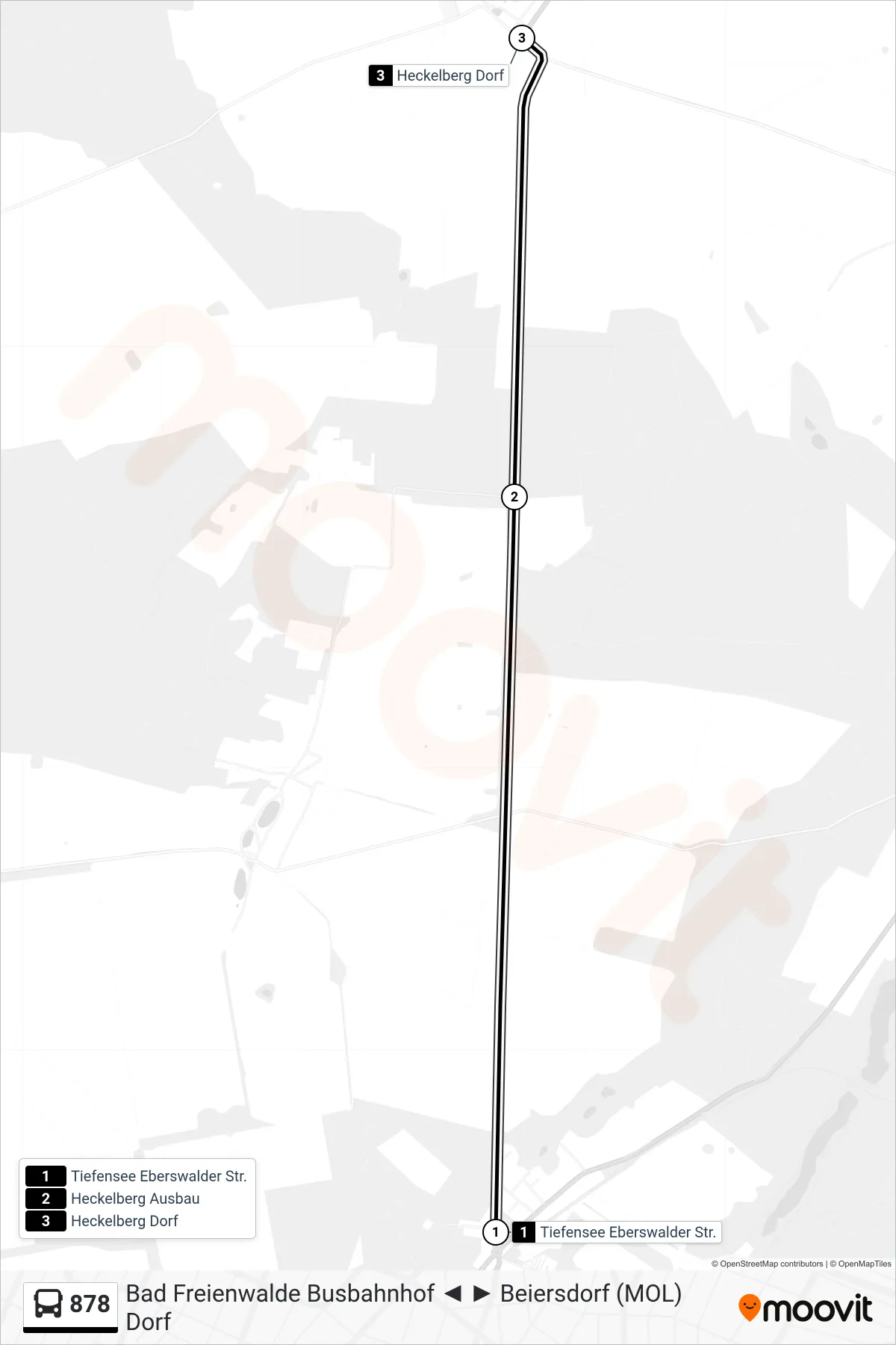 878 bus Line (Heckelberg Dorf) route and stops on a map