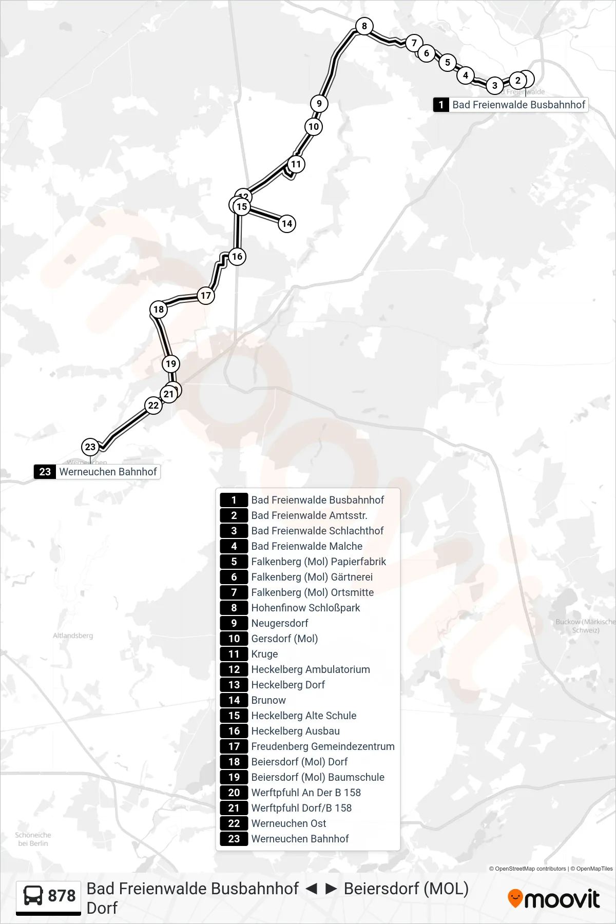 Linie 878 (Bus) Richtung Werneuchen Bahnhof: Route und Haltestellen auf der Karte