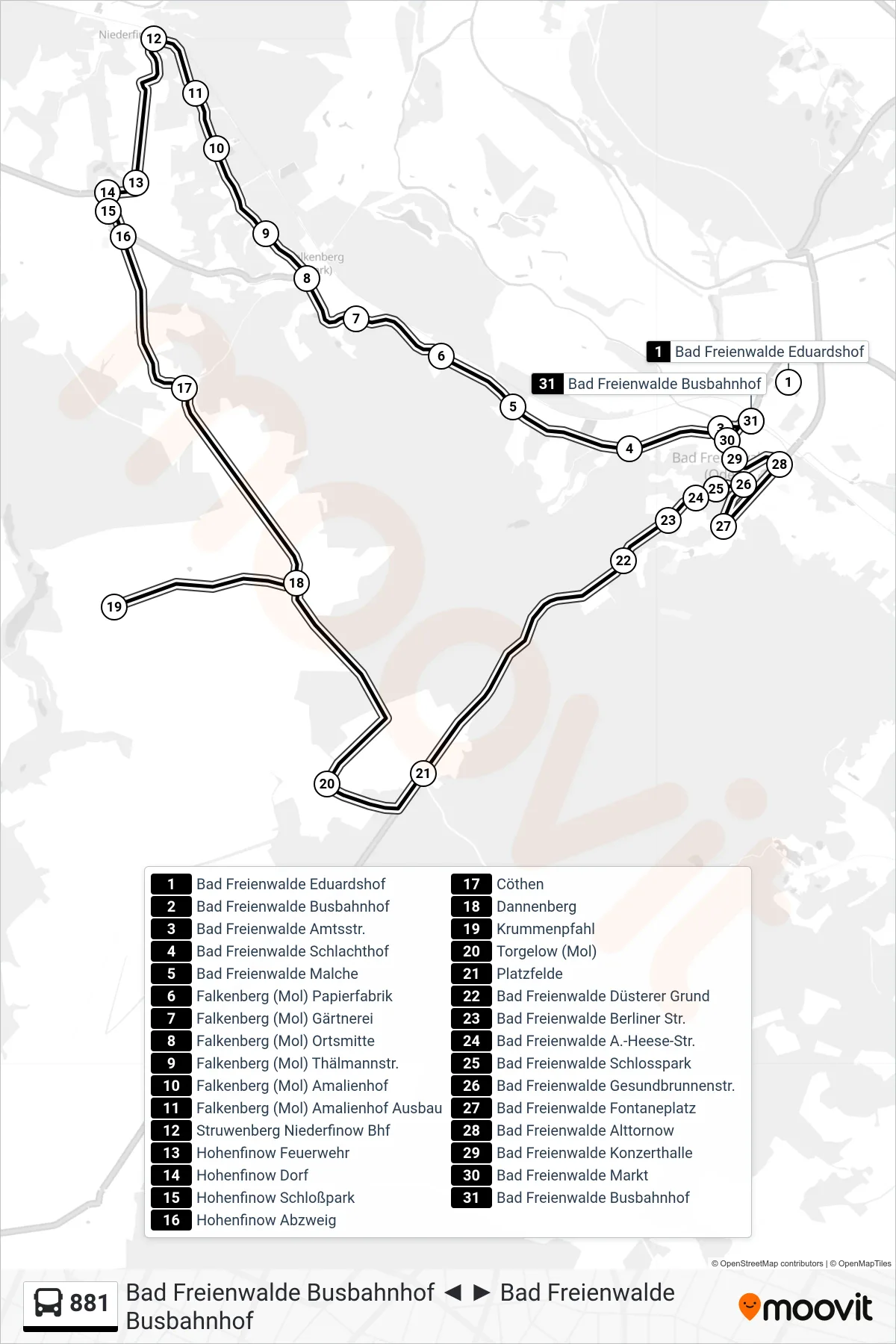 881 bus Line (Bad Freienwalde Busbahnhof) route and stops on a map