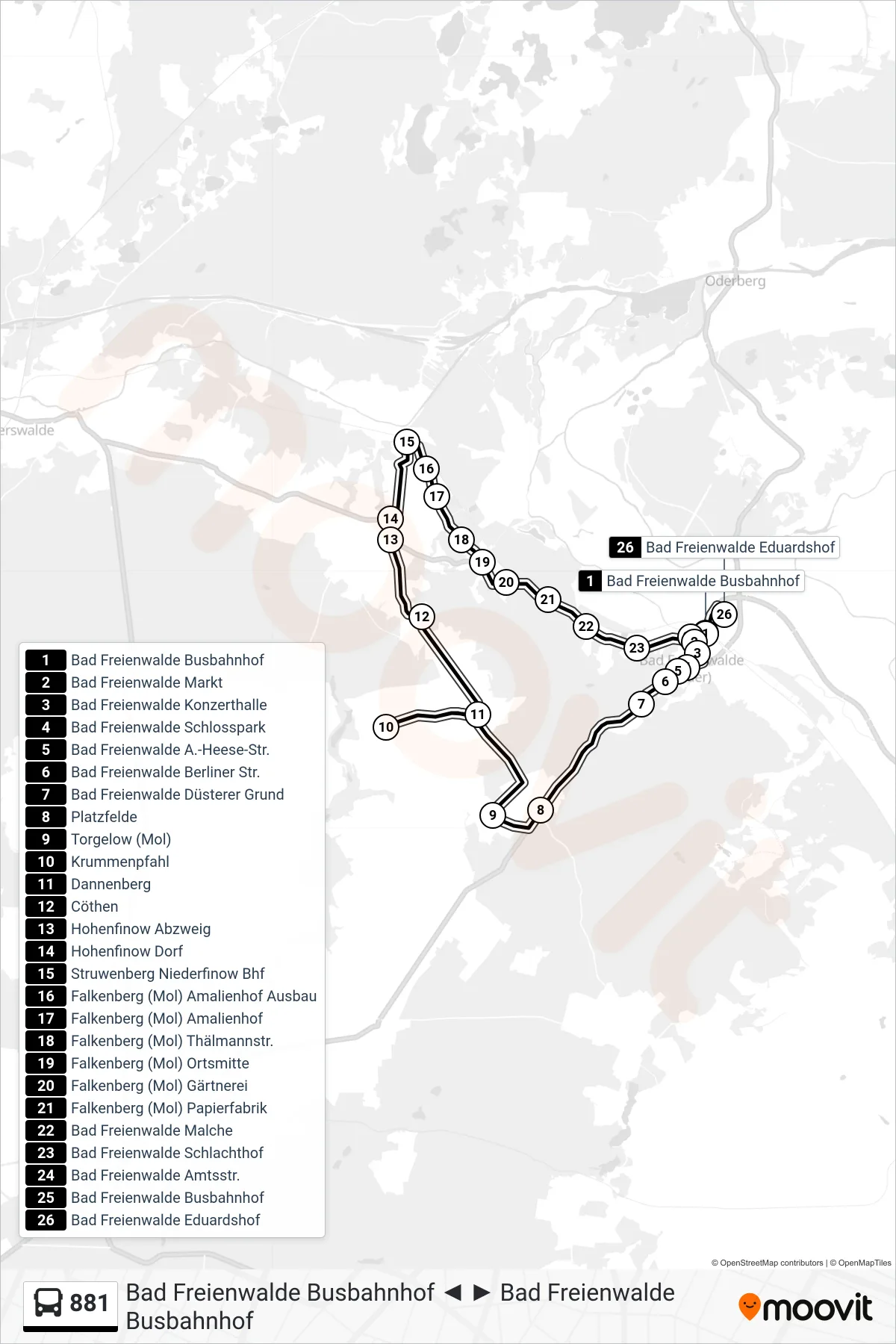 881 bus Line (Bad Freienwalde Eduardshof) route and stops on a map