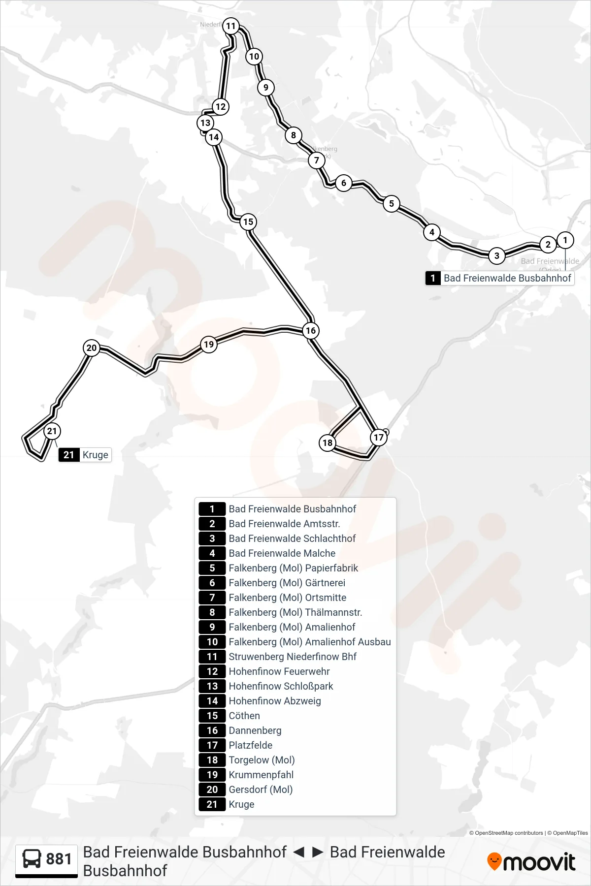 881 bus Line (Kruge) route and stops on a map