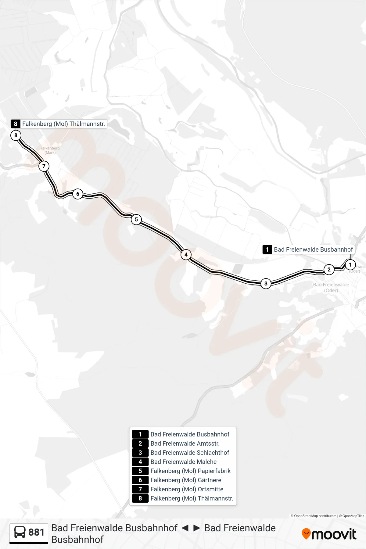 881 bus Line (Falkenberg (Mol) Thälmannstr.) route and stops on a map
