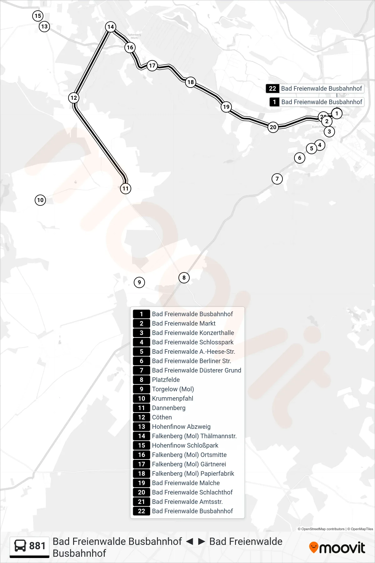 881 bus Line (Bad Freienwalde Busbahnhof) route and stops on a map