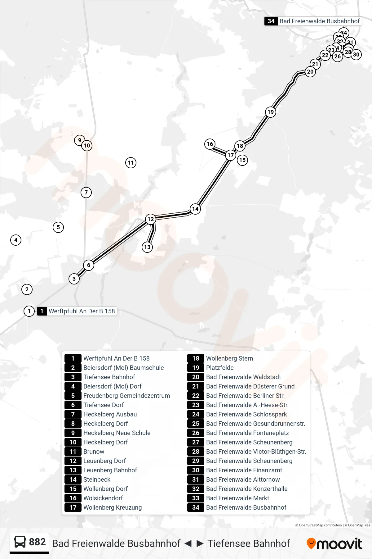 Linie 882 (Bus) Richtung Bad Freienwalde Busbahnhof: Route und Haltestellen auf der Karte