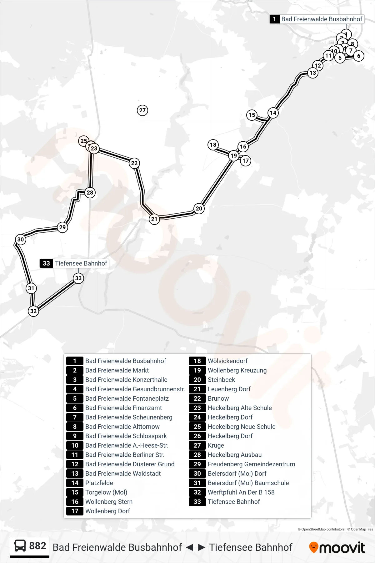 882 bus Line (Tiefensee Bahnhof) route and stops on a map