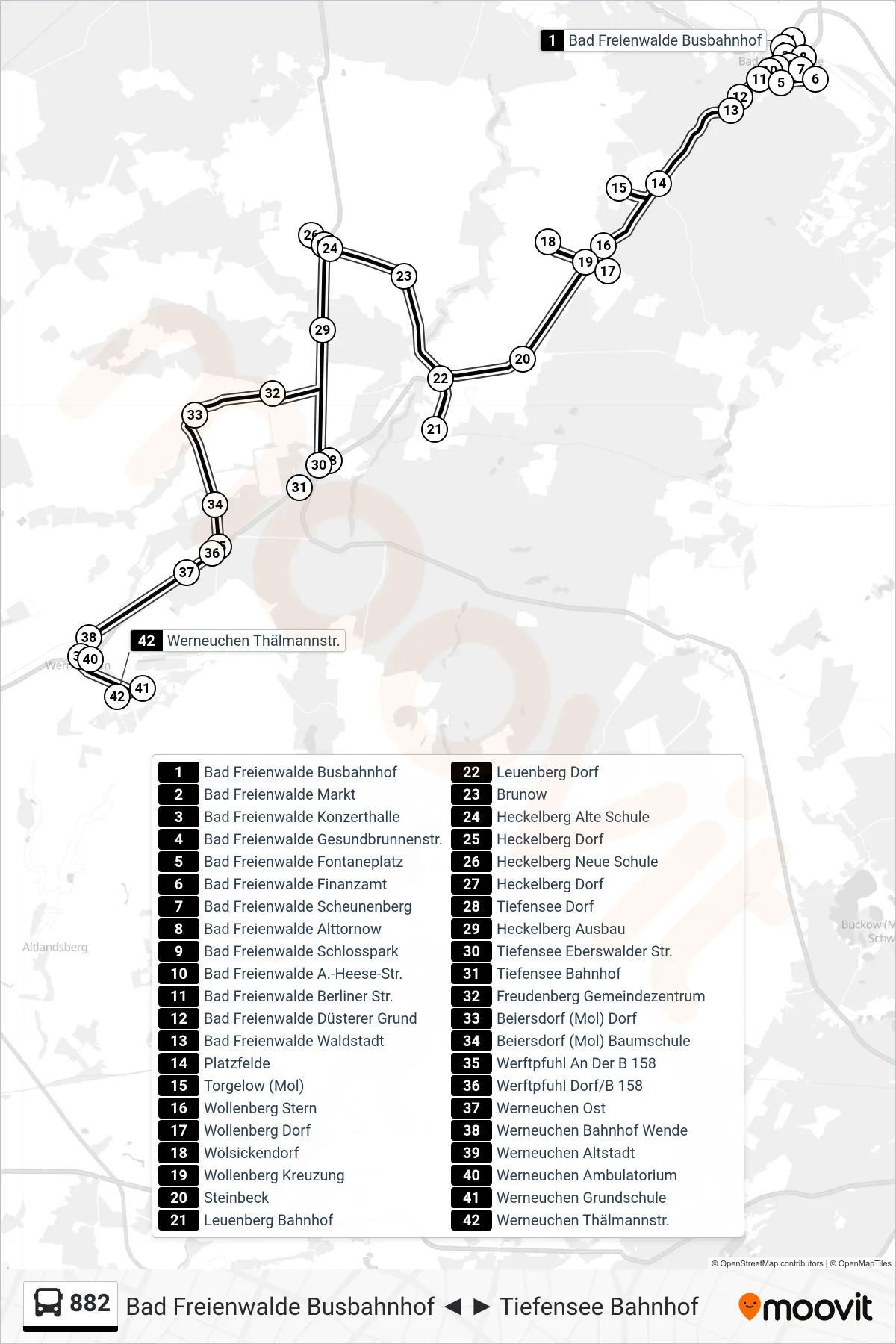 Linie 882 (Bus) Richtung Werneuchen Thälmannstr.: Route und Haltestellen auf der Karte