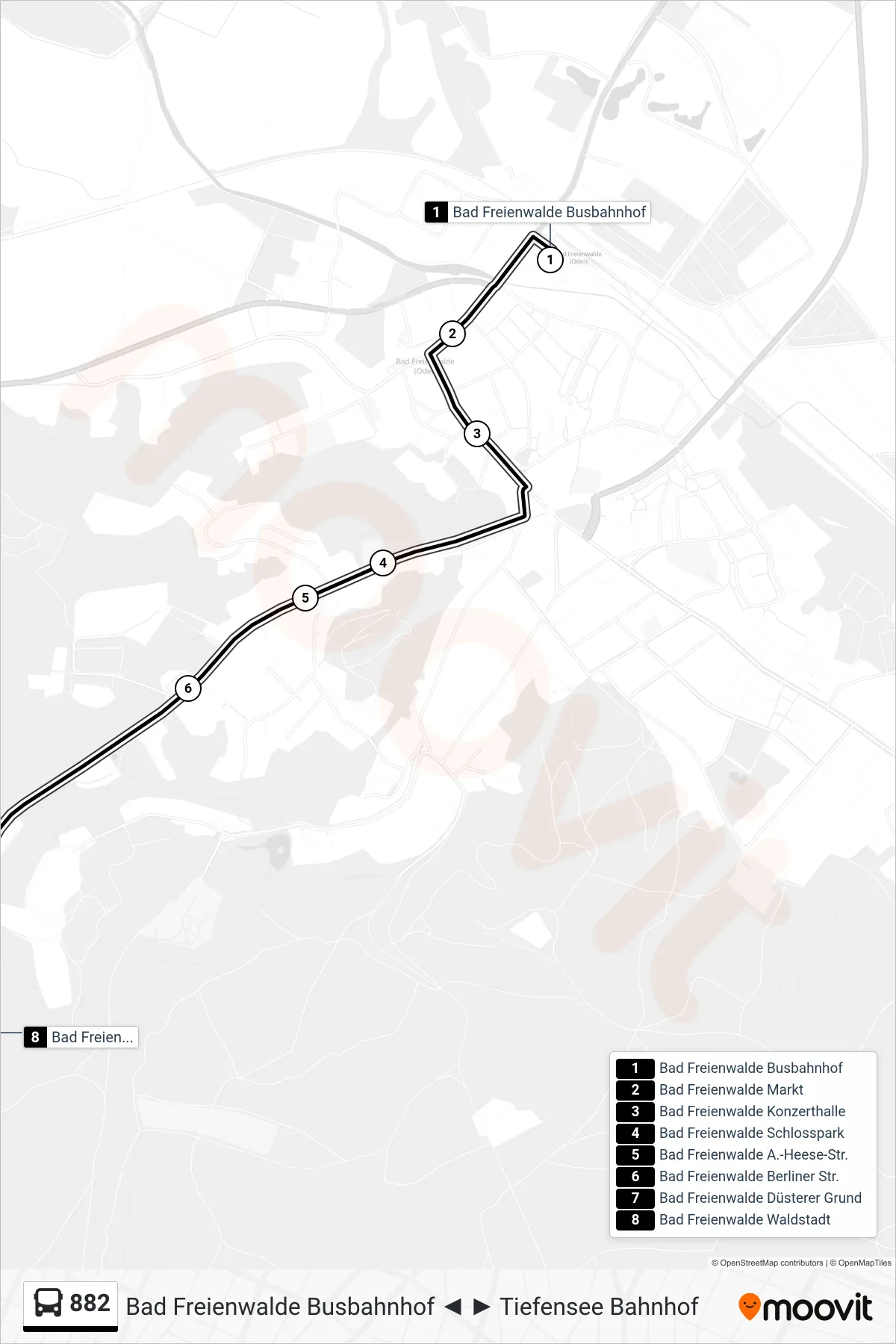 Linie 882 (Bus) Richtung Bad Freienwalde Waldstadt: Route und Haltestellen auf der Karte