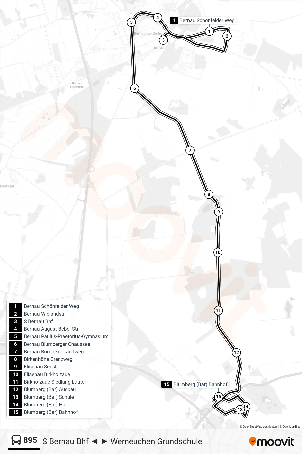 Linie 895 (Bus) Richtung Blumberg (Bar) Bahnhof: Route und Haltestellen auf der Karte
