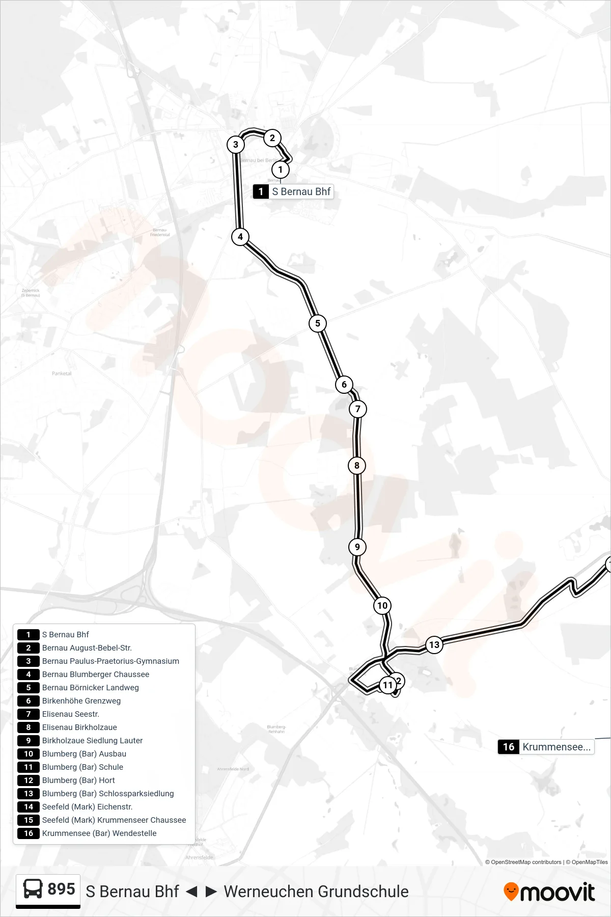 Linie 895 (Bus) Richtung Krummensee (Bar) Wendestelle: Route und Haltestellen auf der Karte