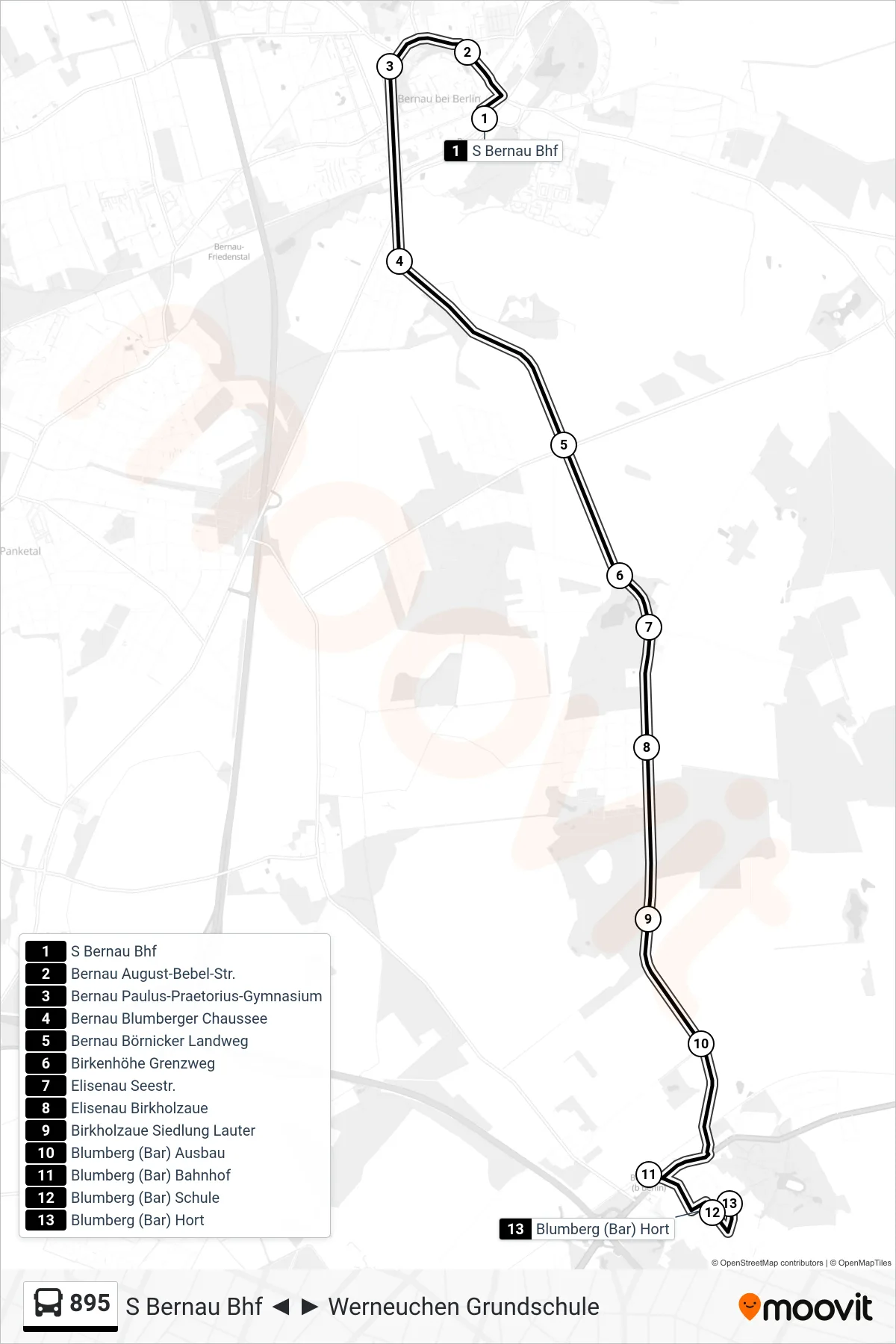 Linie 895 (Bus) Richtung Blumberg (Bar) Hort: Route und Haltestellen auf der Karte