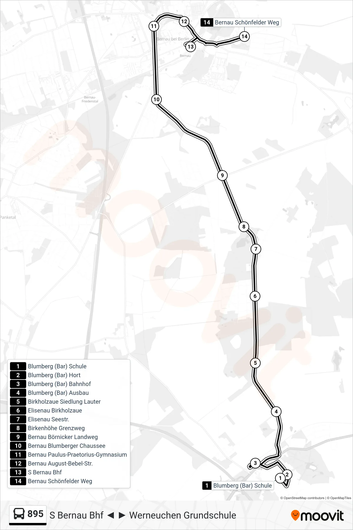 895 bus Line (Bernau Schönfelder Weg) route and stops on a map