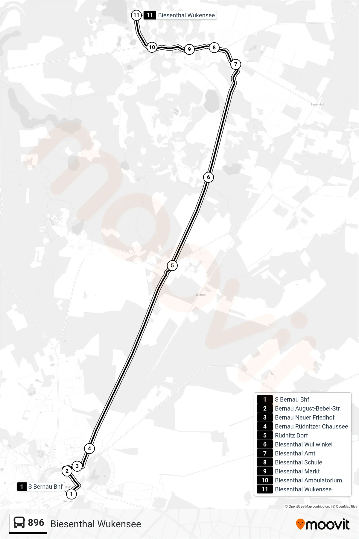 Linie 896 (Bus) Richtung Biesenthal Wukensee: Route und Haltestellen auf der Karte