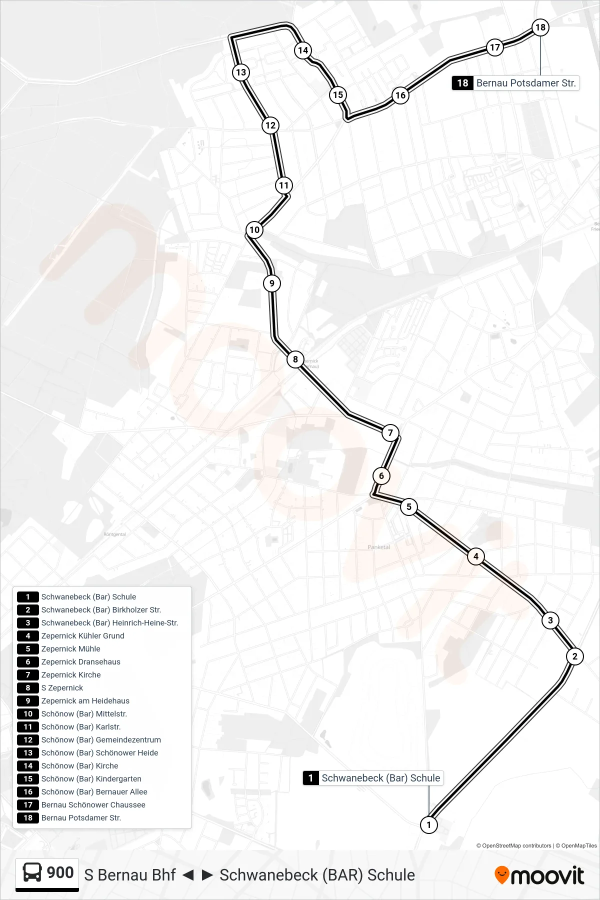 Linie 900 (Bus) Richtung Bernau Potsdamer Str.: Route und Haltestellen auf der Karte