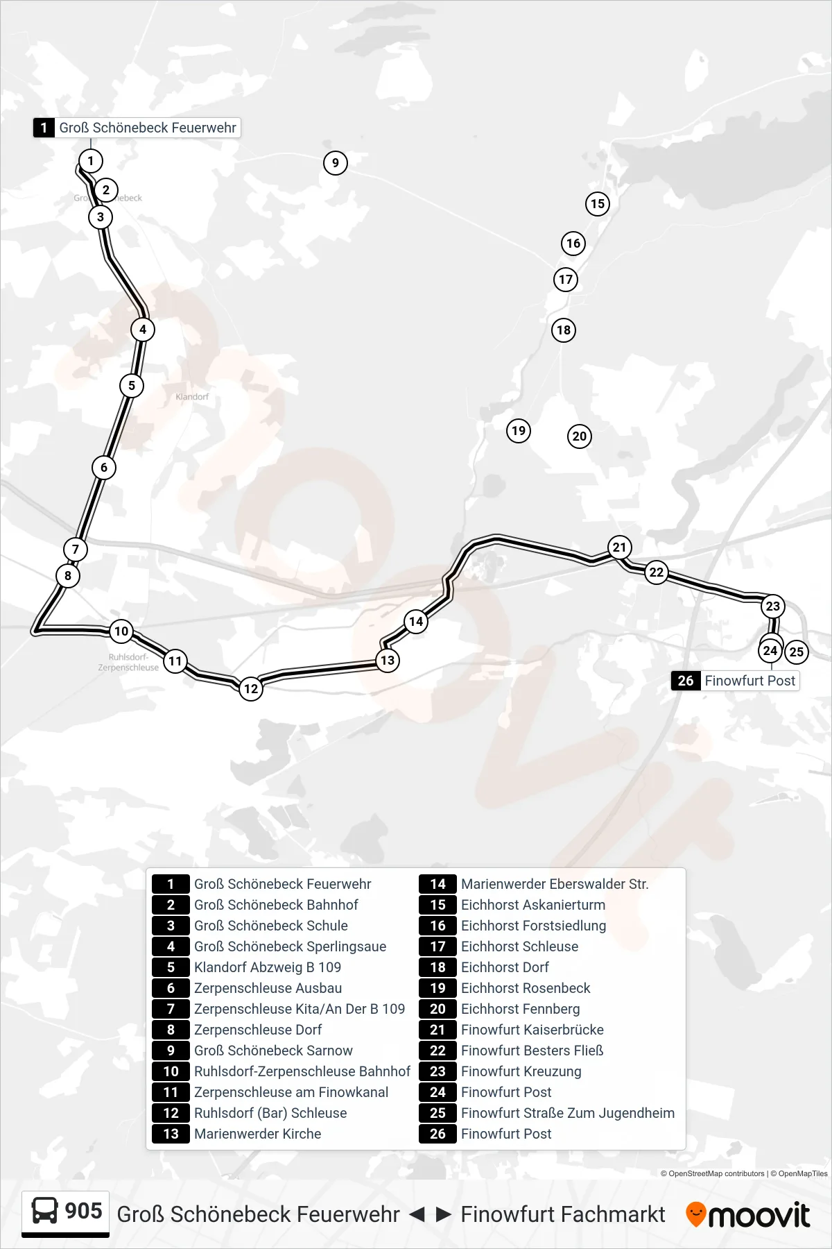 Linie 905 (Bus) Richtung Finowfurt Post: Route und Haltestellen auf der Karte