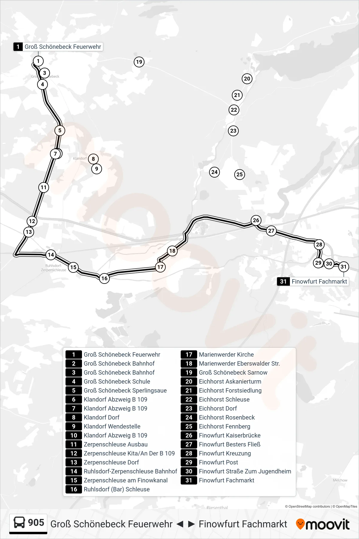 Linie 905 (Bus) Richtung Finowfurt Fachmarkt: Route und Haltestellen auf der Karte