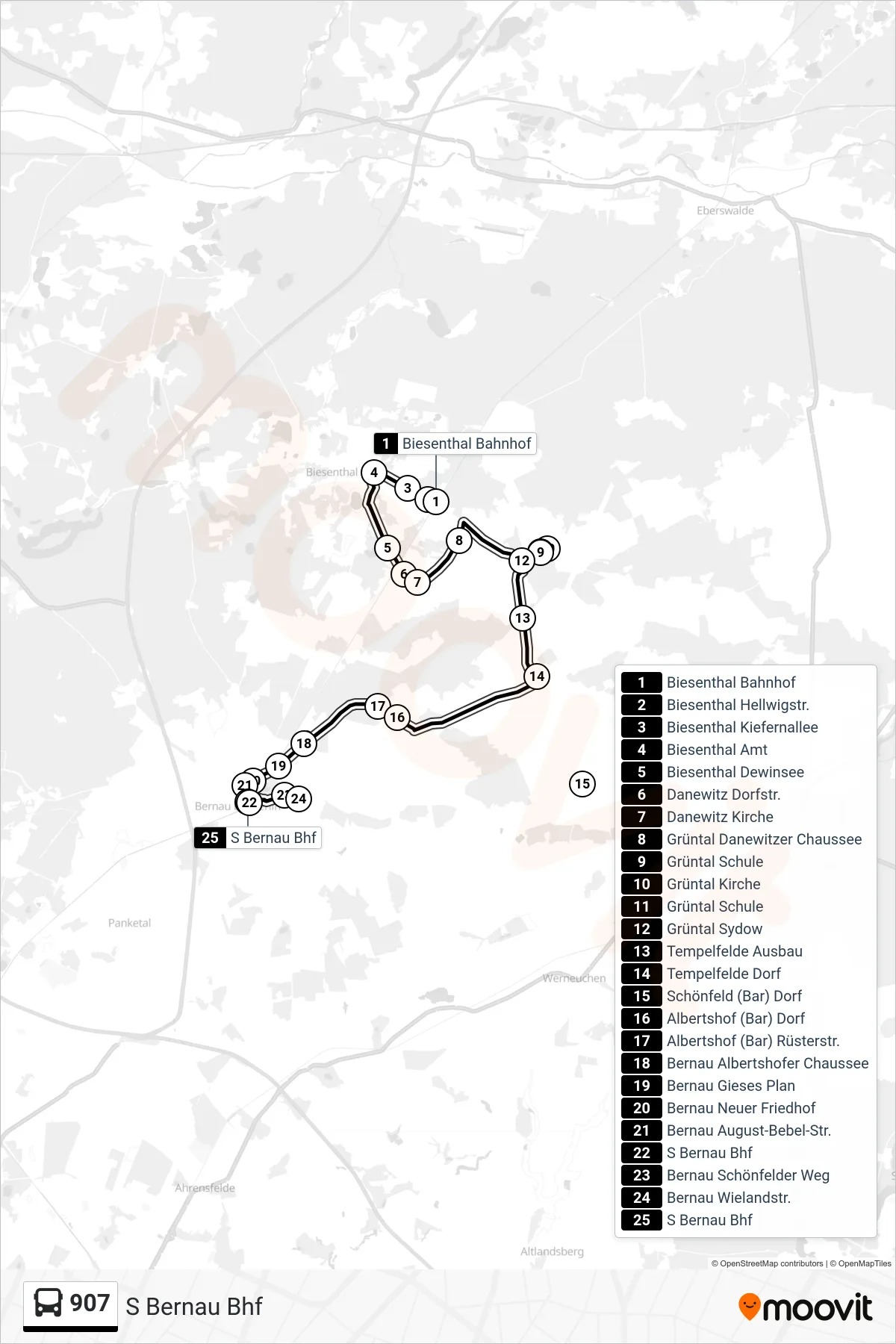 Linie 907 (Bus) Richtung S Bernau Bhf: Route und Haltestellen auf der Karte